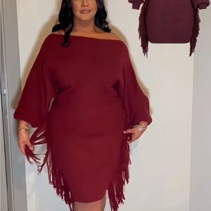 Elegant Burgundy Fringe knit Long Sleeve Dress